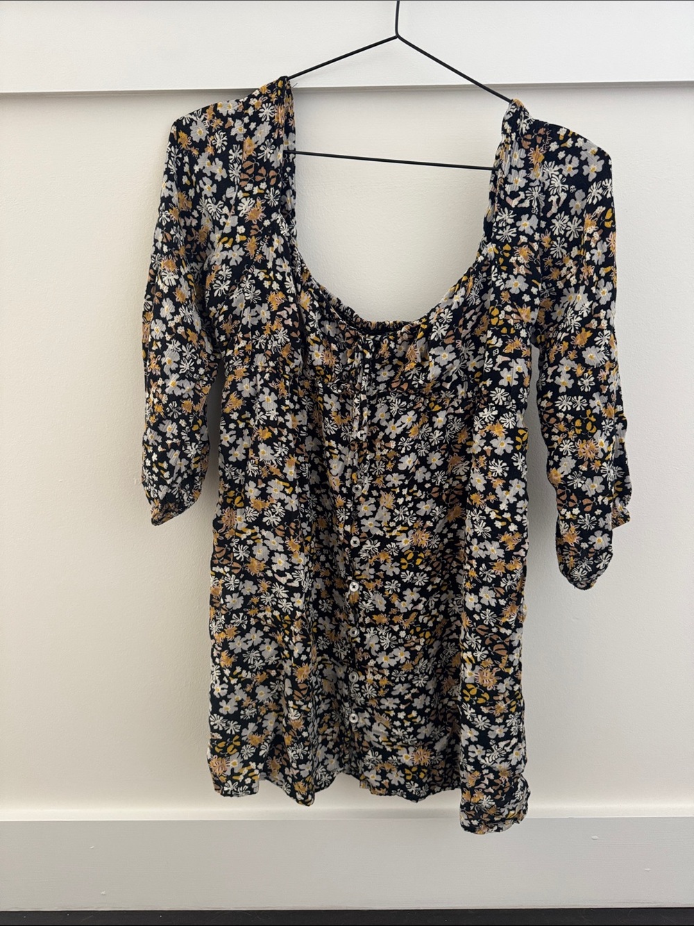 Volcom Black Floral Mini Dress with White and Mustard Flowers